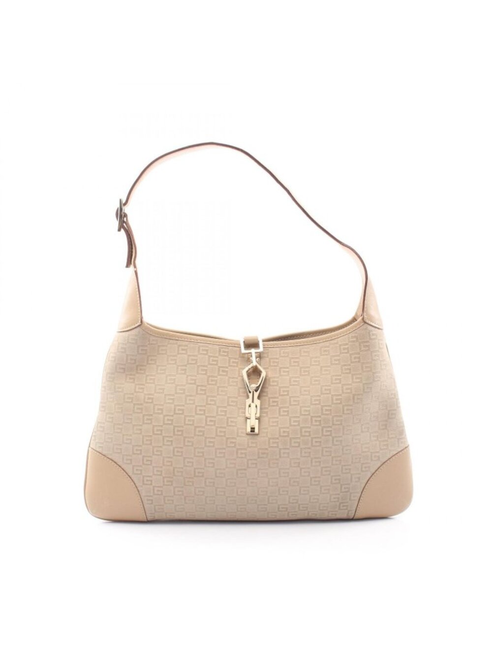 Gucci Shoulder Bag Logo Embossed 001 Beige Suede Leather Jackie